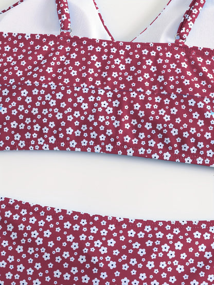 Women's Floral Bikini with Shorts - High Waisted Two Piece Bathing Suit