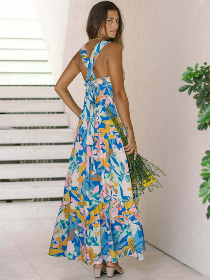 Vibrant Floral Print Square Neck Tiered Maxi Dress for Women