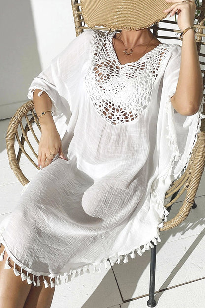 Bestselling New Beach Cover-Up - Crochet Lace Trimmed Fringe Kimono White