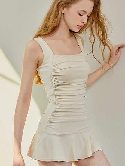 Square Neck Ruched One-Piece Swimsuit for Women, Elegant Skirted Swim Dress with Ruffle Hem