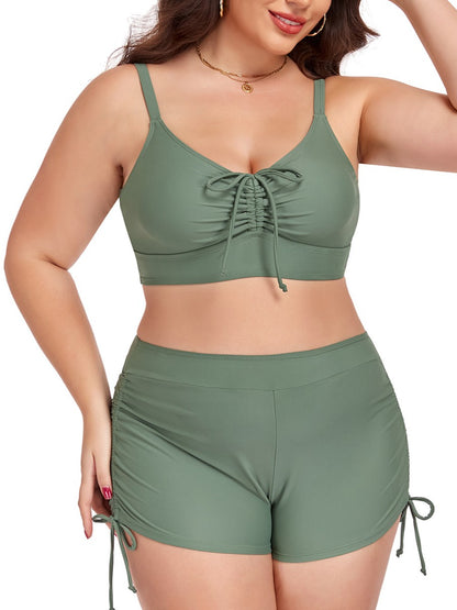 Plus Size Friendly Two-Piece Swimsuit, Ruched Bikini Top and Boycut Shorts with Drawstring