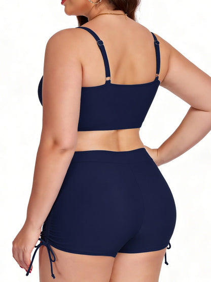 Plus Size Friendly Two-Piece Swimsuit, Ruched Bikini Top and Boycut Shorts with Drawstring