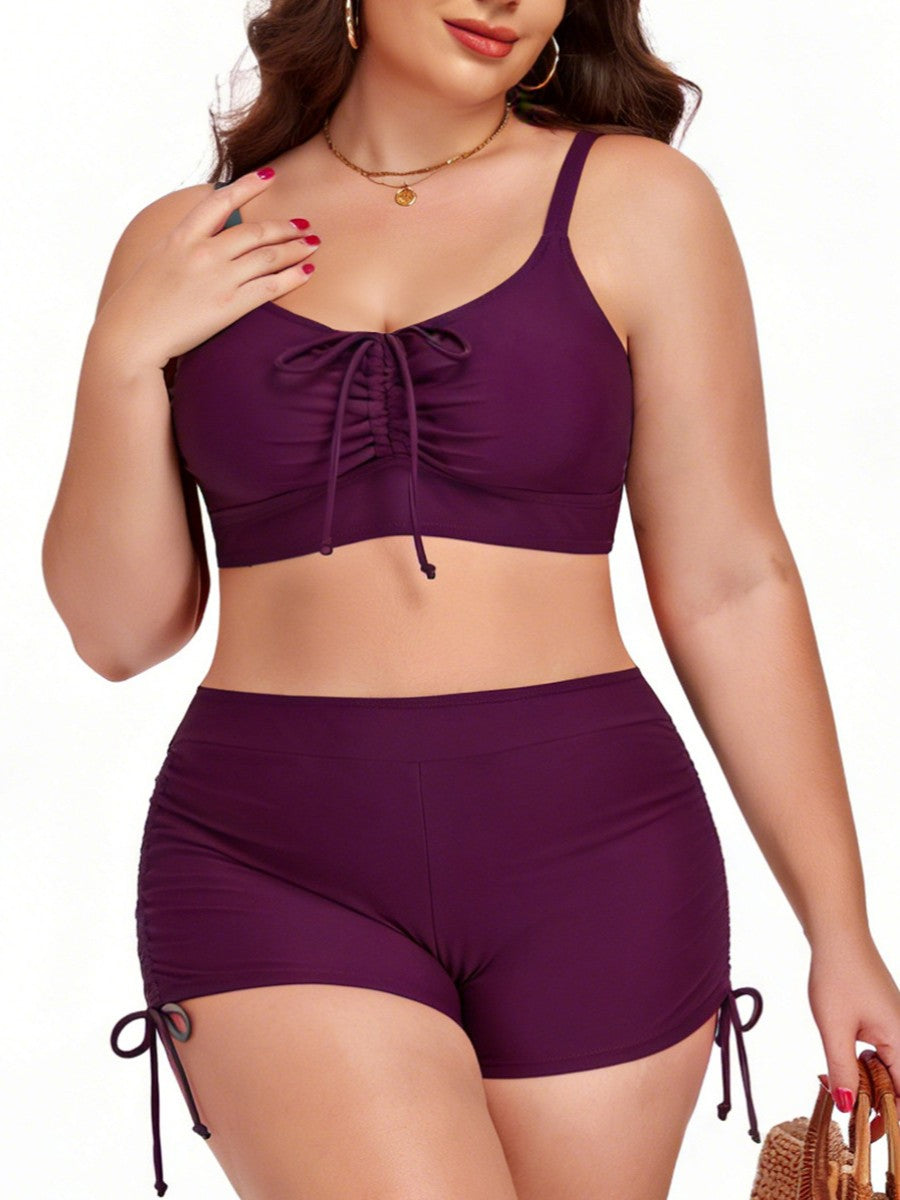 Plus Size Friendly Two-Piece Swimsuit, Ruched Bikini Top and Boycut Shorts with Drawstring