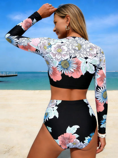 Long Sleeve Floral Print Two-Piece Rash Guard Set, High Waisted Swimsuit with Crop Top for Women