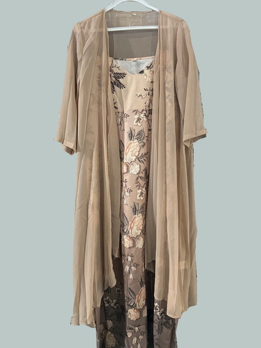 Elegant Embroidered Two-Piece Maxi Dress Set – Floral Slip Dress with Long Cardigan