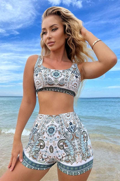 Fashionable High-Waisted Printed Bikini Set with Boyshorts