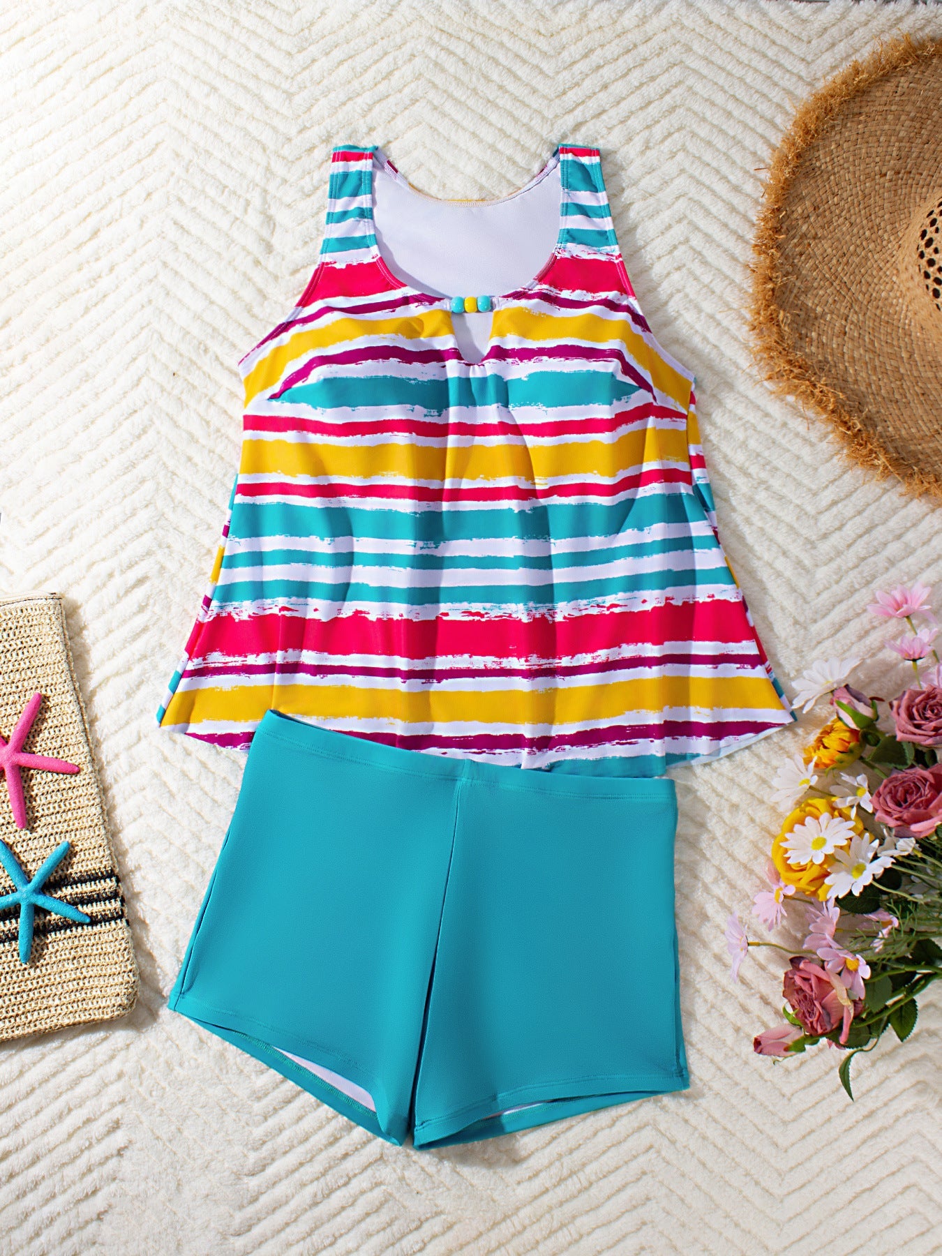 Vibrant Multi-Stripe Tankini Set with Comfortable Boy Shorts - Tummy Control Plus Size Bathers for Women