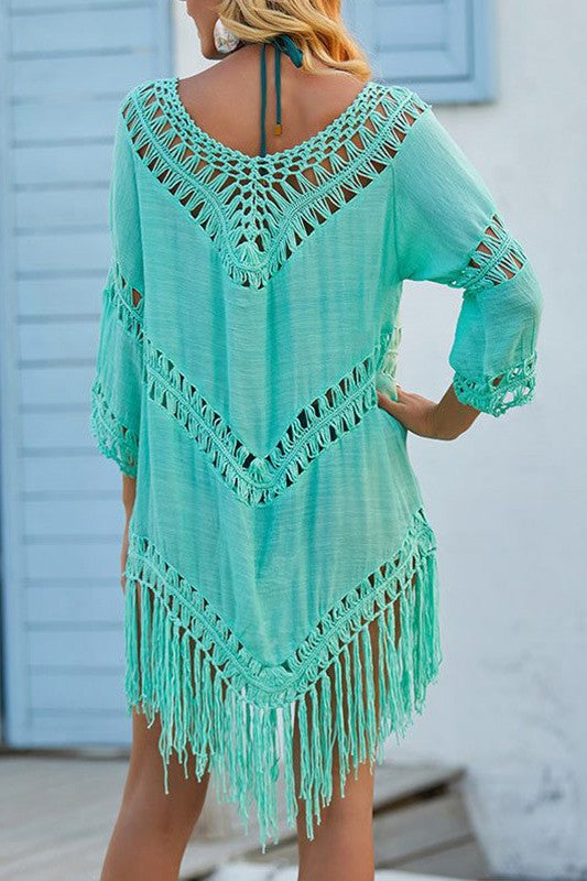 Sexy Crochet Fringe Cover-Up – Loose 3/4 Sleeve Swimwear Beach Shirt