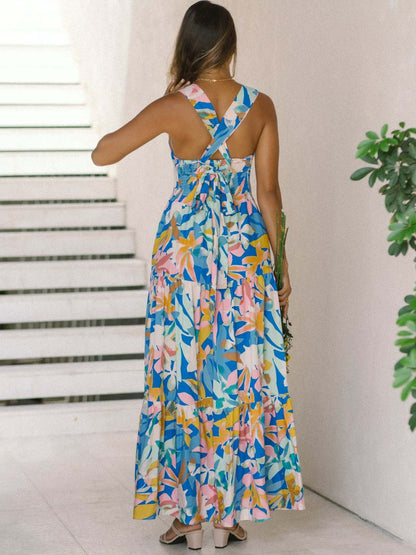 Vibrant Floral Print Square Neck Tiered Maxi Dress for Women