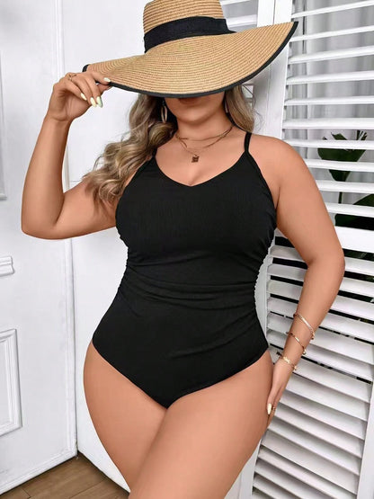 Plus Size Ribbed Ruched Cutout-Back One-Piece Swimsuit