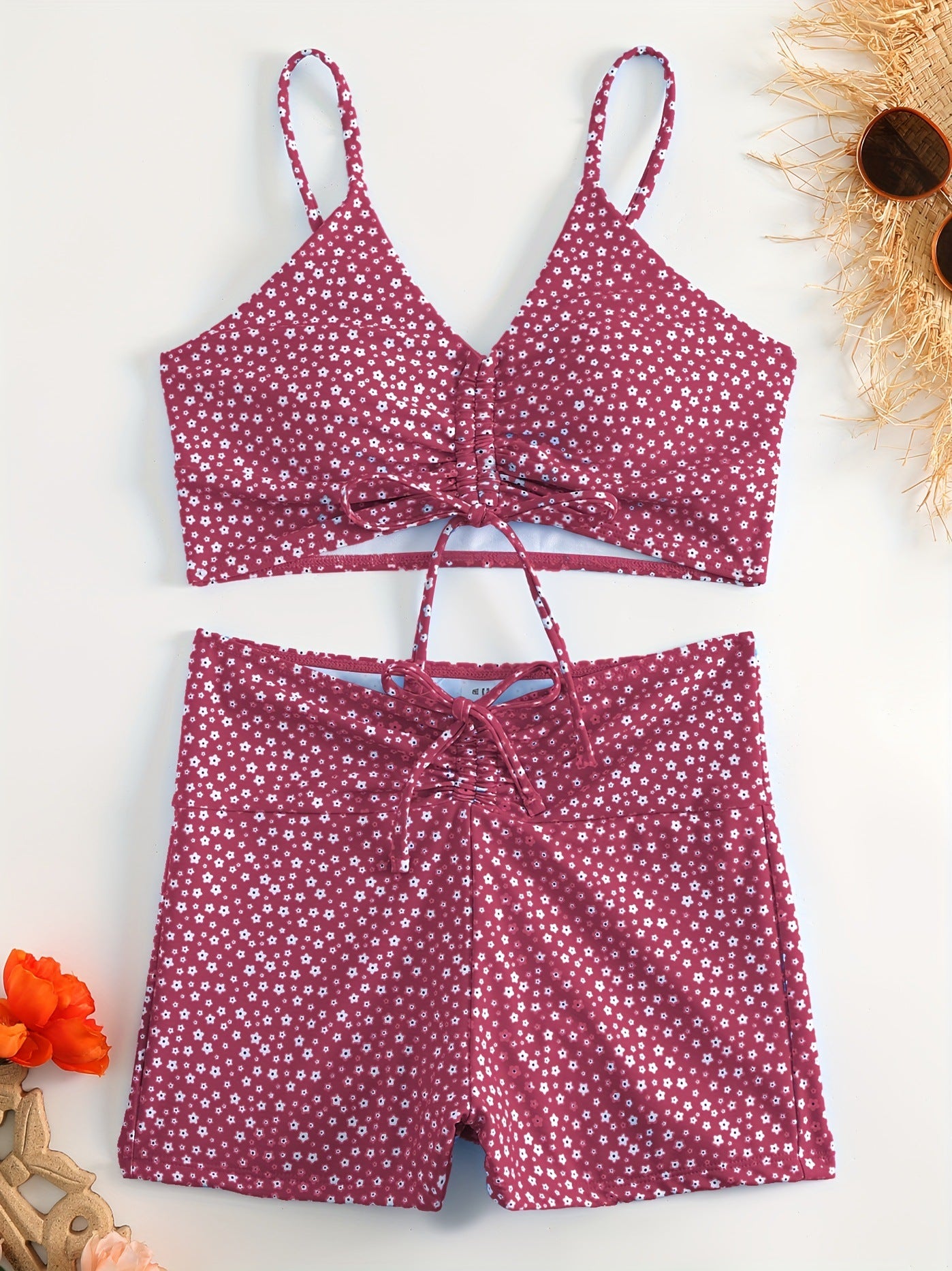 Women's Floral Bikini with Shorts - High Waisted Two Piece Bathing Suit