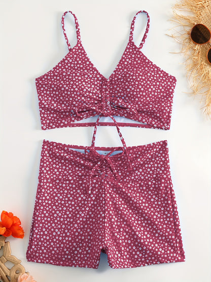Women's Floral Bikini with Shorts - High Waisted Two Piece Bathing Suit