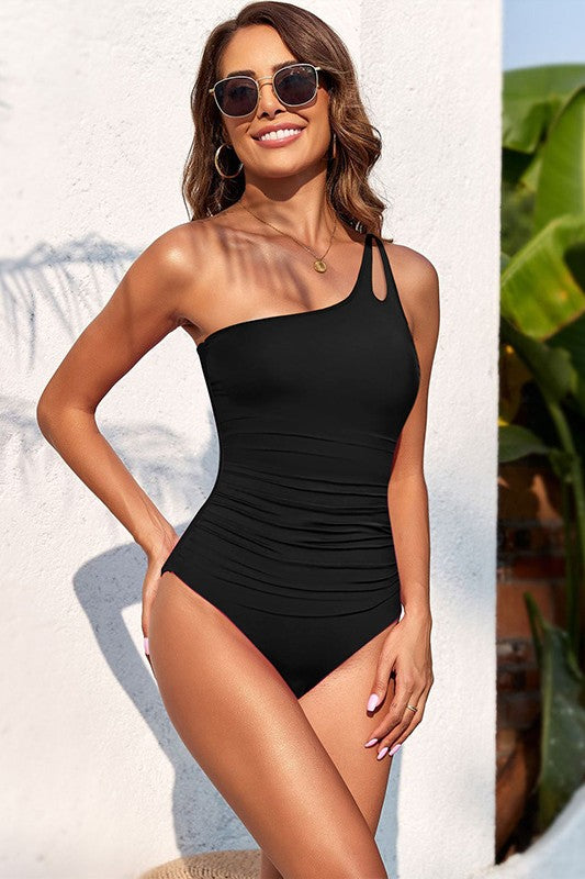One Shoulder One Piece Swimsuit for Women Tummy Control Bathing Suits Black