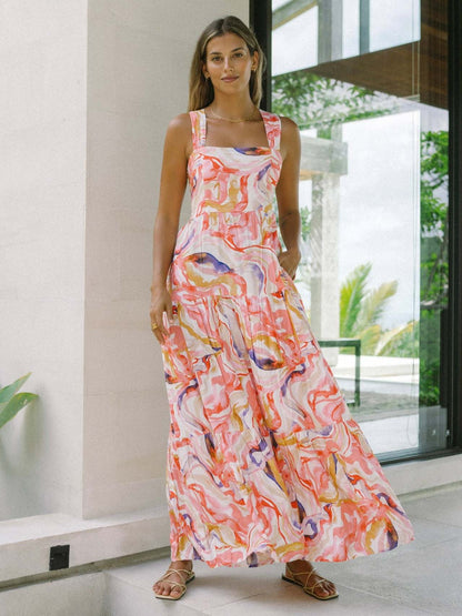 Pink Abstract Wide-Strap Maxi Dress – Vibrant Summer Vacation Style