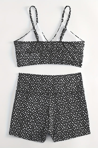 Women's Floral Bikini with Shorts - High Waisted Two Piece Bathing Suit