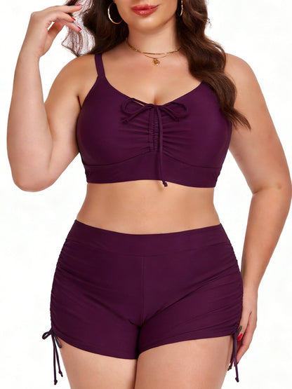 Plus Size Friendly Two-Piece Swimsuit, Ruched Bikini Top and Boycut Shorts with Drawstring