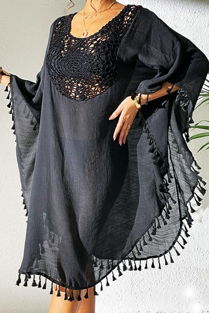 Bestselling New Beach Cover-Up - Crochet Lace Trimmed Fringe Kimono Black