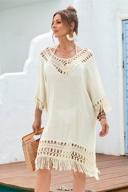 Popular beach cover-up tassel long beach dress hand-crocheted patchwork beach dress