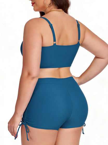 Plus Size Friendly Two-Piece Swimsuit, Ruched Bikini Top and Boycut Shorts with Drawstring