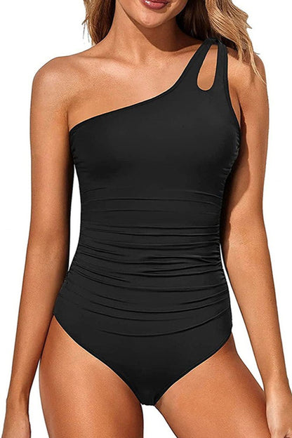 One Shoulder One Piece Swimsuit for Women Tummy Control Bathing Suits Black