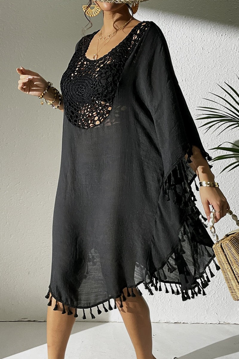 Bestselling New Beach Cover-Up - Crochet Lace Trimmed Fringe Kimono Black