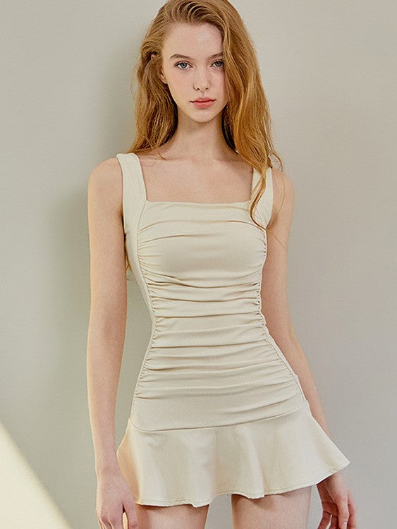 Square Neck Ruched One-Piece Swimsuit for Women, Elegant Skirted Swim Dress with Ruffle Hem