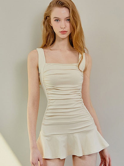 Square Neck Ruched One-Piece Swimsuit for Women, Elegant Skirted Swim Dress with Ruffle Hem