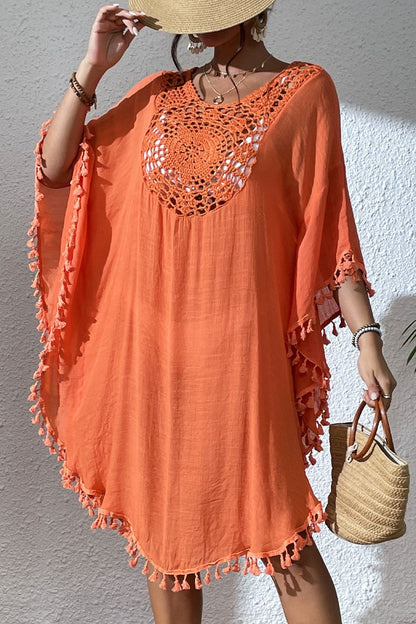 Bestselling New Beach Cover-Up - Crochet Lace Trimmed Fringe Kimono Orange
