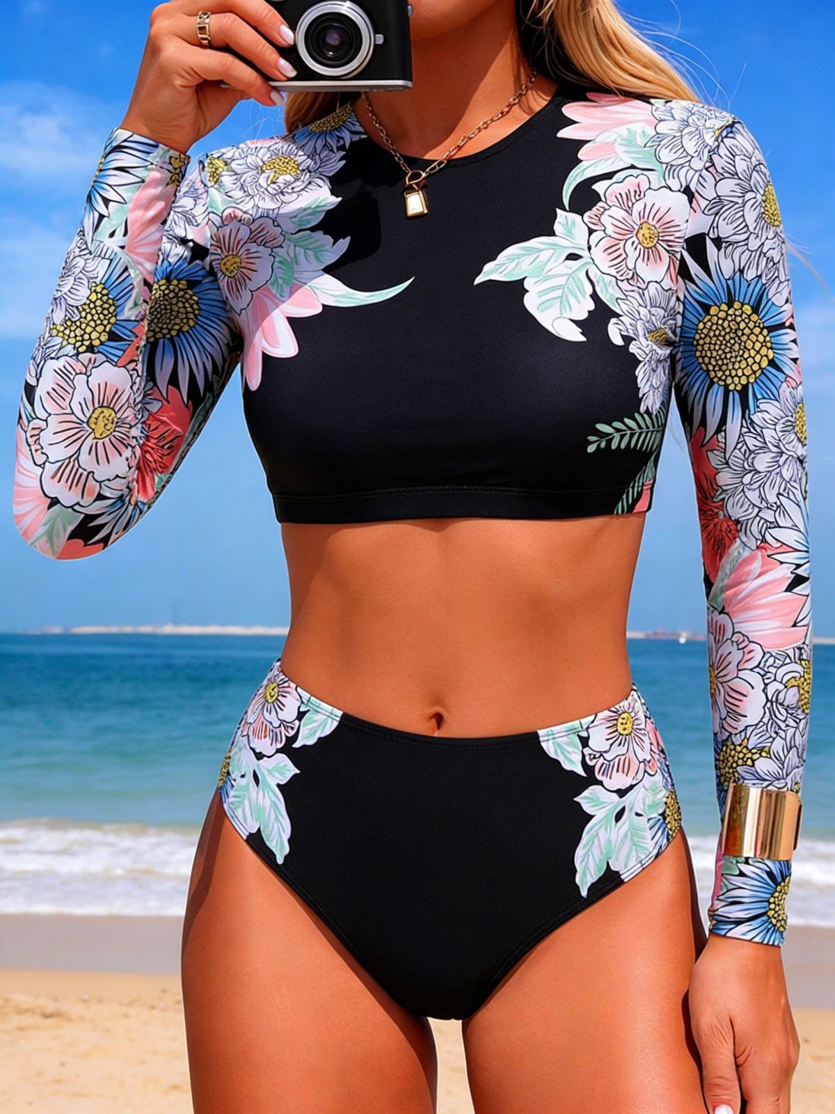 Long Sleeve Floral Print Two-Piece Rash Guard Set, High Waisted Swimsuit with Crop Top for Women