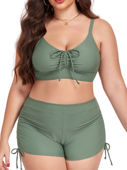 Plus Size Friendly Two-Piece Swimsuit, Ruched Bikini Top and Boycut Shorts with Drawstring