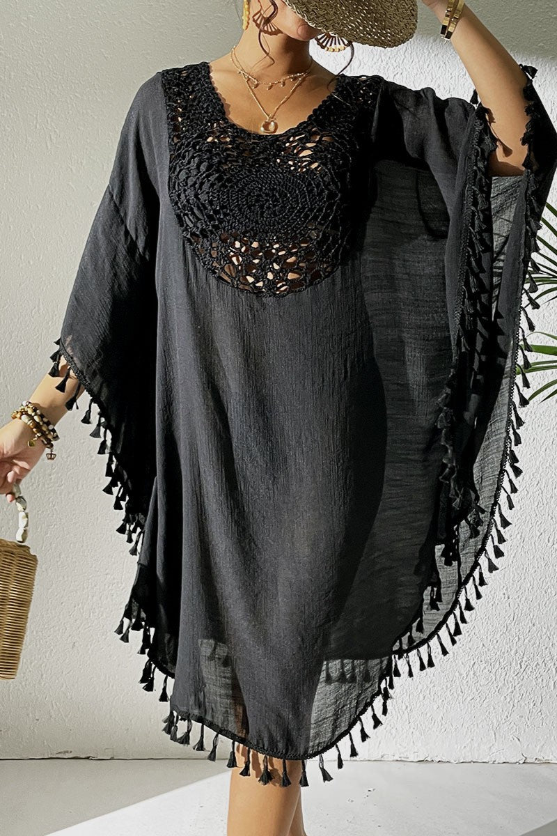 Bestselling New Beach Cover-Up - Crochet Lace Trimmed Fringe Kimono Black