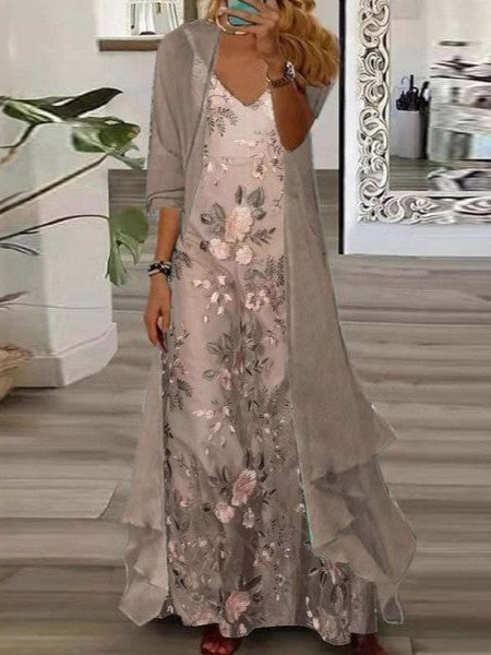 Elegant Embroidered Two-Piece Maxi Dress Set – Floral Slip Dress with Long Cardigan