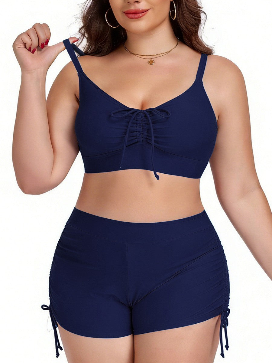 Plus Size Friendly Two-Piece Swimsuit, Ruched Bikini Top and Boycut Shorts with Drawstring