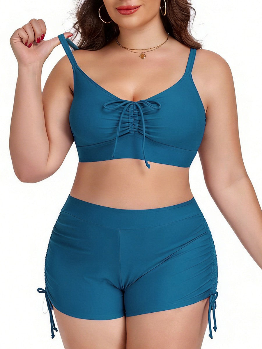 Plus Size Friendly Two-Piece Swimsuit, Ruched Bikini Top and Boycut Shorts with Drawstring