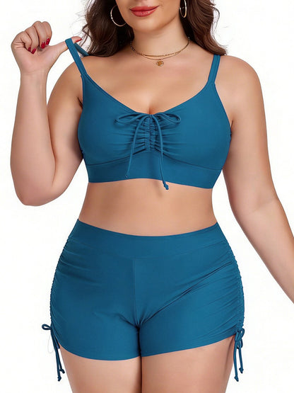 Plus Size Friendly Two-Piece Swimsuit, Ruched Bikini Top and Boycut Shorts with Drawstring