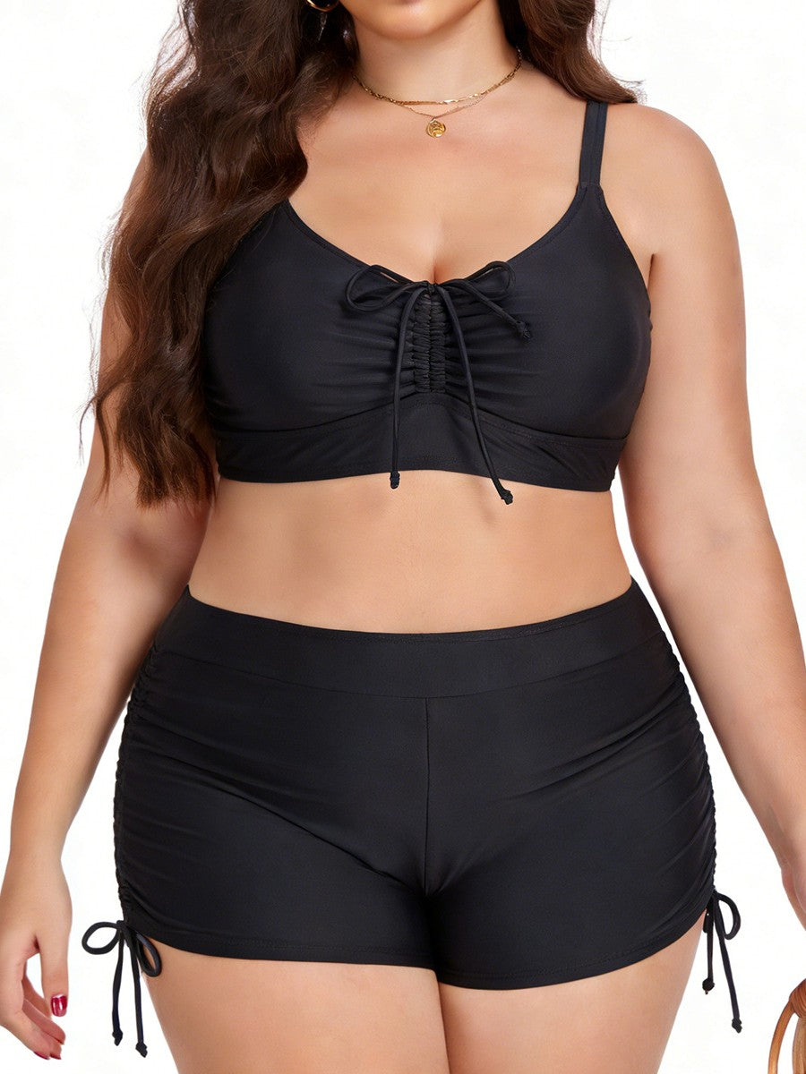 Plus Size Friendly Two-Piece Swimsuit, Ruched Bikini Top and Boycut Shorts with Drawstring