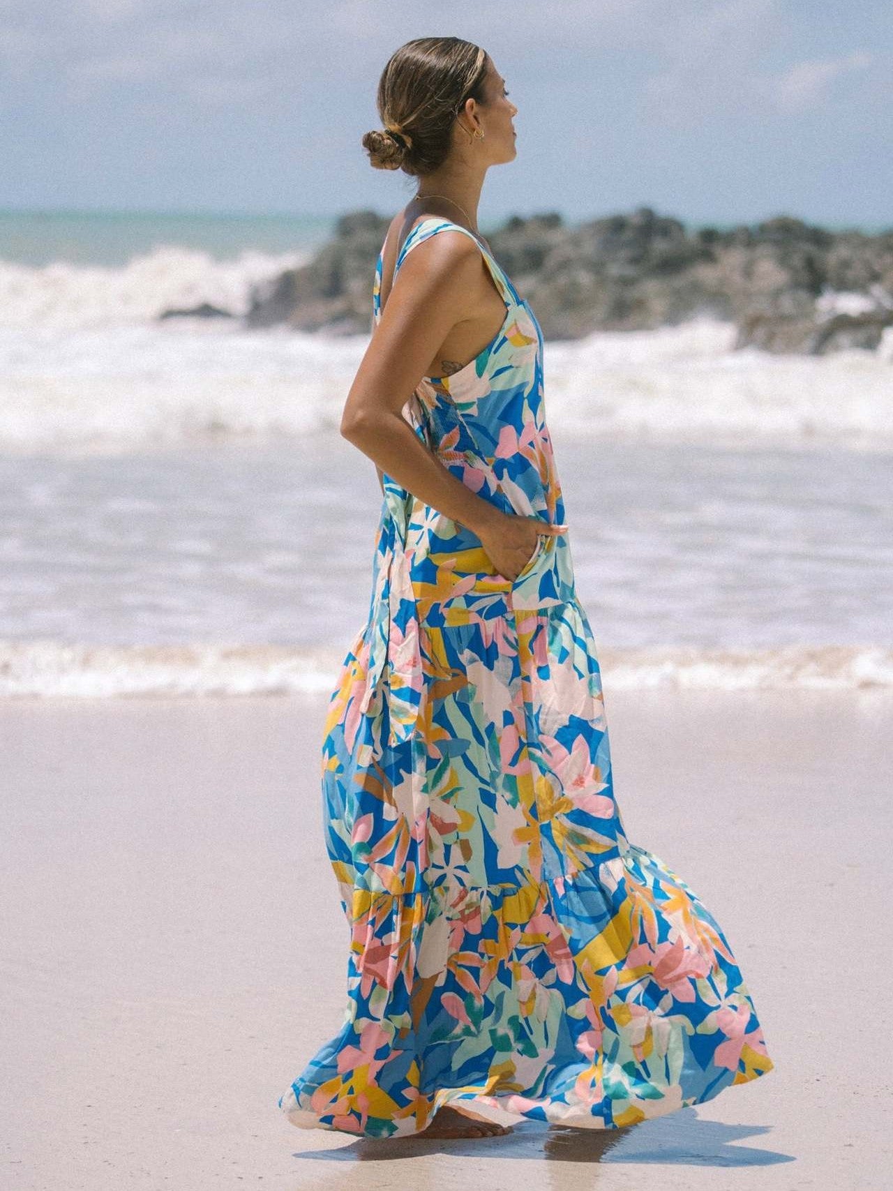 Vibrant Floral Print Square Neck Tiered Maxi Dress for Women