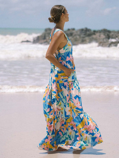 Vibrant Floral Print Square Neck Tiered Maxi Dress for Women