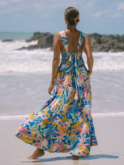 Vibrant Floral Print Square Neck Tiered Maxi Dress for Women