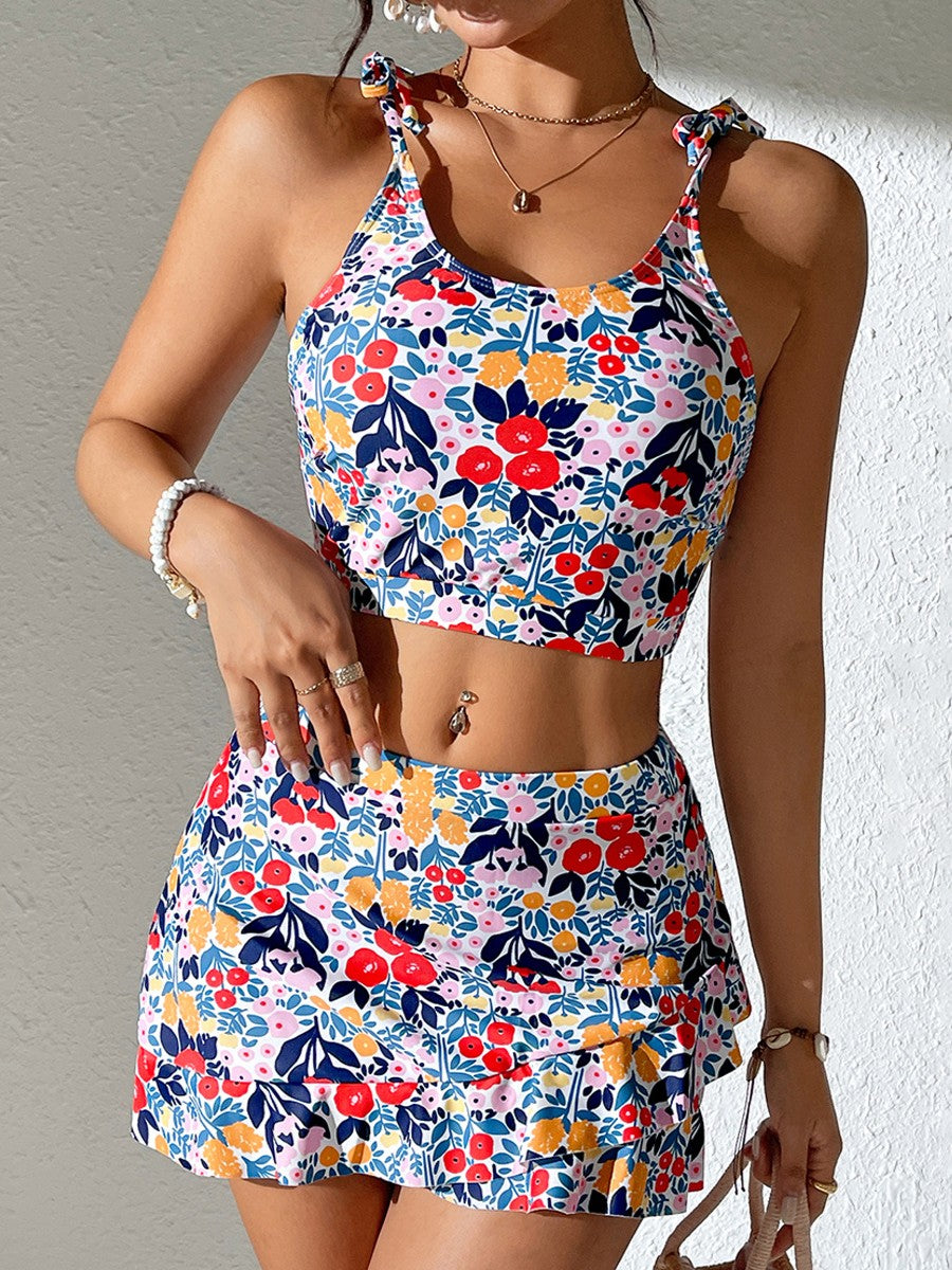 Vibrant Ditsy Floral Print Two-Piece Swimsuit for Women, Adjustable Tie-Strap Crop Top and Tiered Ruffle Hem Skirtini Set