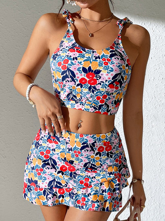 Vibrant Ditsy Floral Print Two-Piece Swimsuit for Women, Adjustable Tie-Strap Crop Top and Tiered Ruffle Hem Skirtini Set