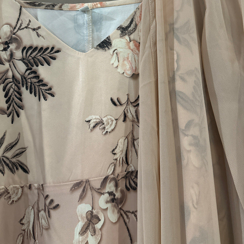 Elegant Embroidered Two-Piece Maxi Dress Set – Floral Slip Dress with Long Cardigan