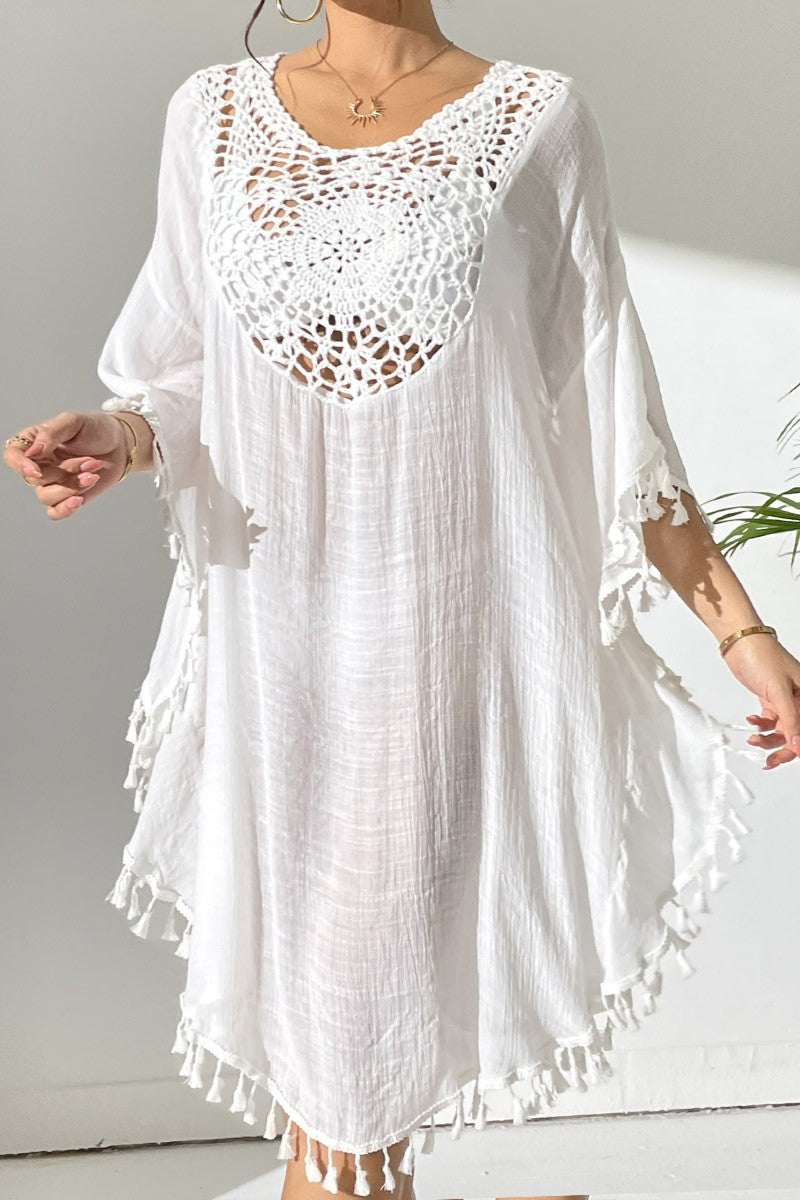 Bestselling New Beach Cover-Up - Crochet Lace Trimmed Fringe Kimono White