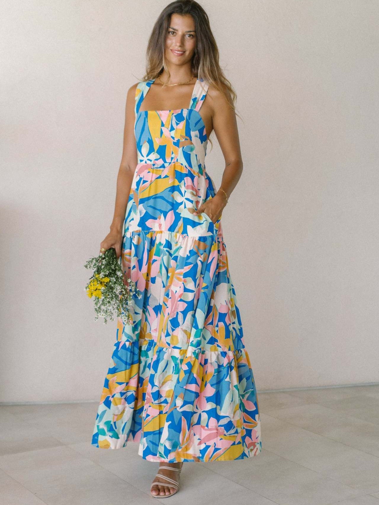 Vibrant Floral Print Square Neck Tiered Maxi Dress for Women