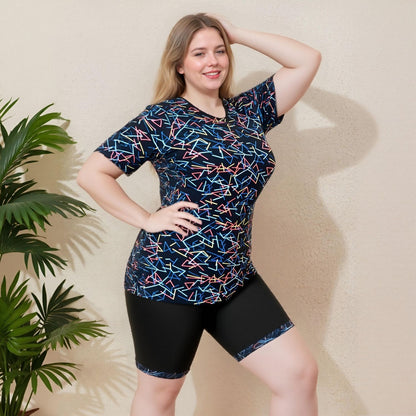 Plus Size Geometric Short Sleeve Tankini with Boyleg Shorts
