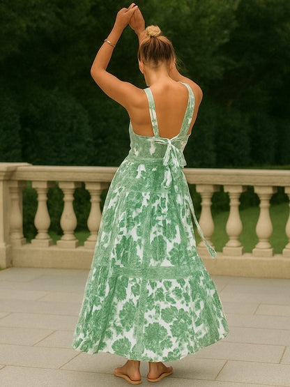 Green Floral Wide-Strap Maxi Dress – Summer Flowy Dress