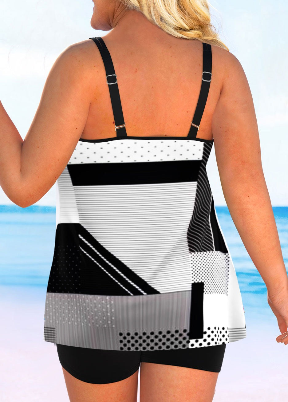 Geometric Print Black Double Straps Tankini Set