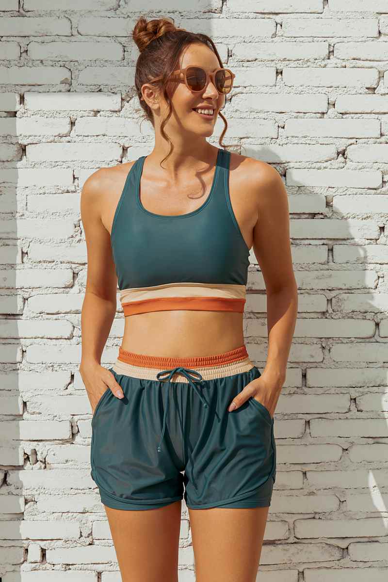 Teal Colorblock Zipper Back Sporty Bikini Top with Boy Short Set