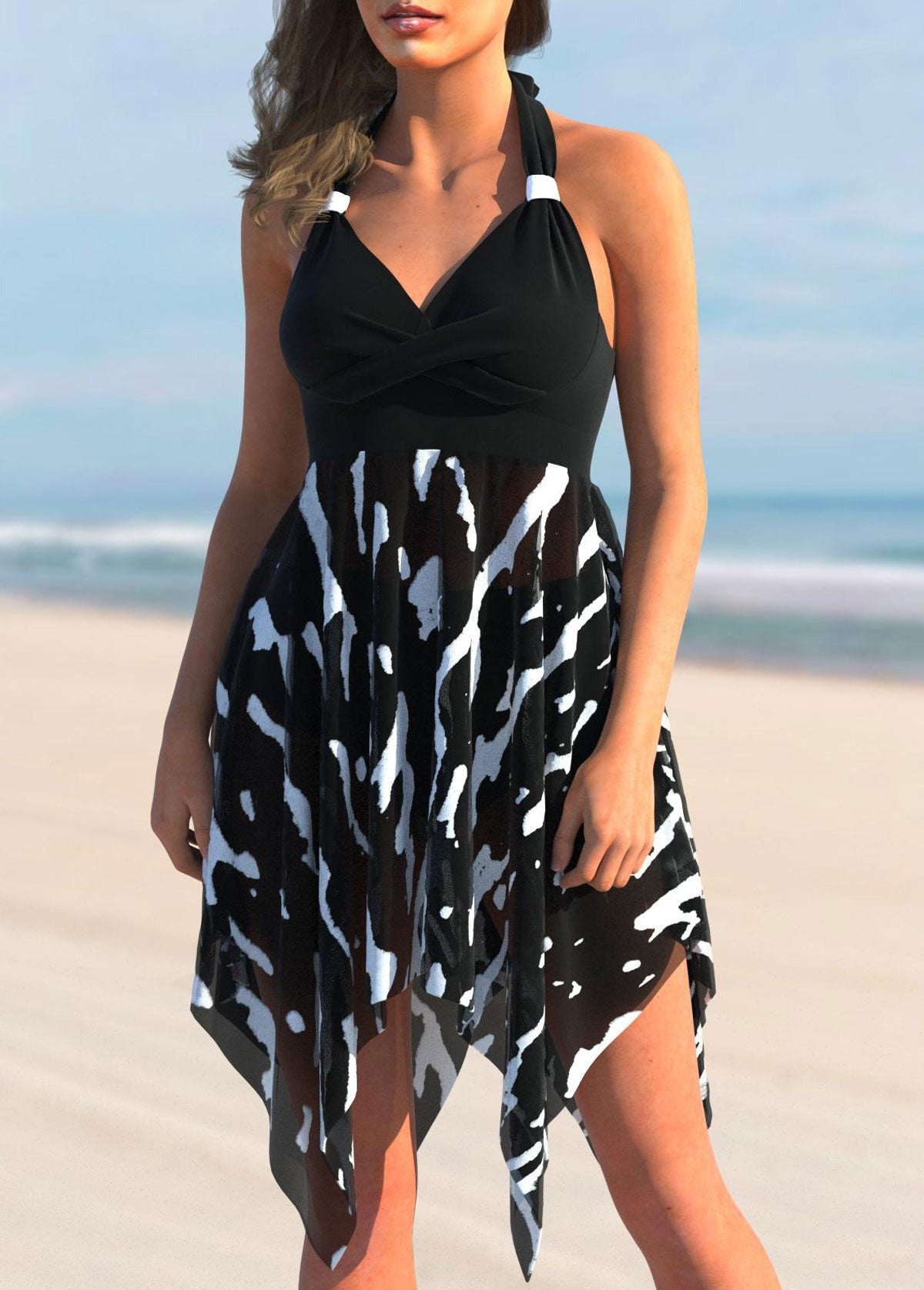 Asymmetric Hem Brushstroke Print Color Block Swimdress