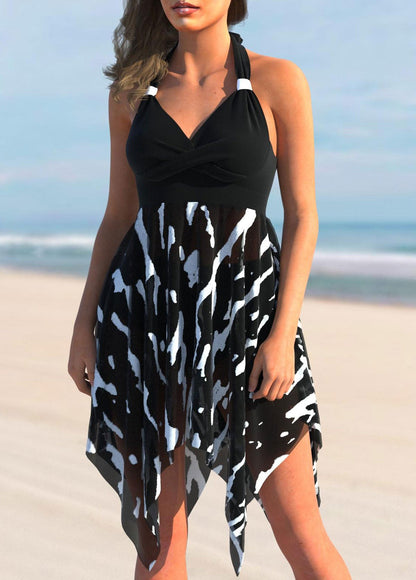 Asymmetric Hem Brushstroke Print Color Block Swimdress